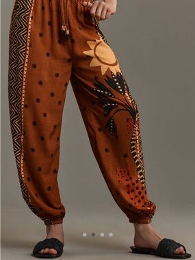 Farm Rio for Anthropologie Boho Sun Print Drawstring Pants - Rust Orange & Black